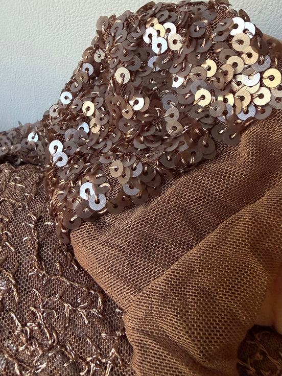 Mocha Colored Embroidered Sequin on Stretch Mesh- 52"