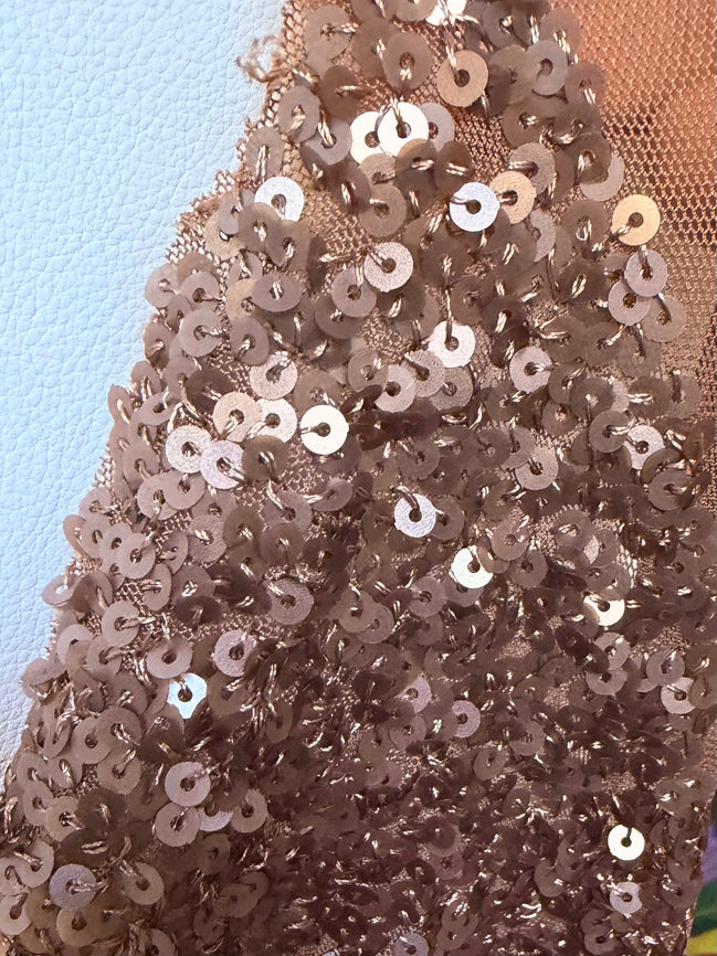 Mocha Colored Embroidered Sequin on Stretch Mesh- 52"