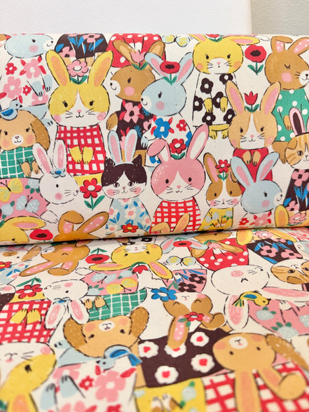 Bunnies, Rabbits On White Cotton Oxford Fabric- 43"
