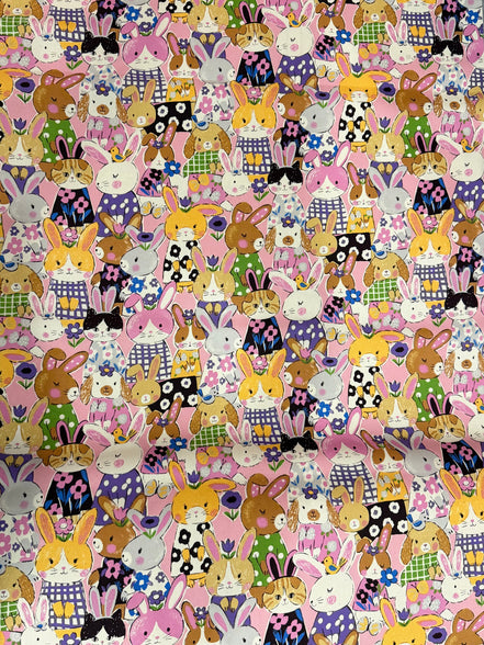 Bunnies, Rabbits On Pink Cotton Oxford Fabric- 43"