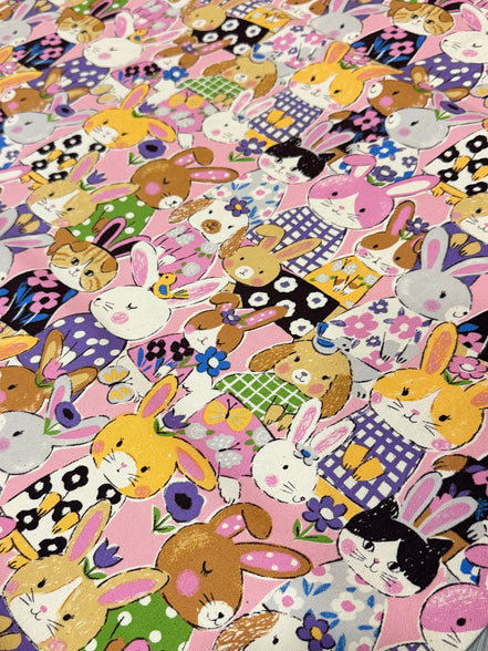 Bunnies, Rabbits On Pink Cotton Oxford Fabric- 43"