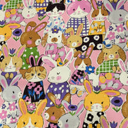 Bunnies, Rabbits On Pink Cotton Oxford Fabric- 43