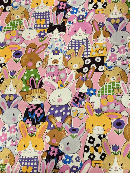 Bunnies, Rabbits On Pink Cotton Oxford Fabric- 43"