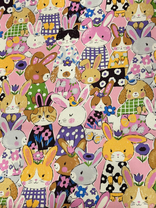 Bunnies, Rabbits On Pink Cotton Oxford Fabric- 43"