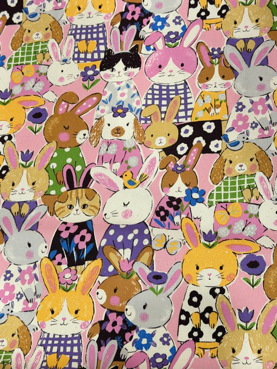 Bunnies, Rabbits On Pink Cotton Oxford Fabric- 43"
