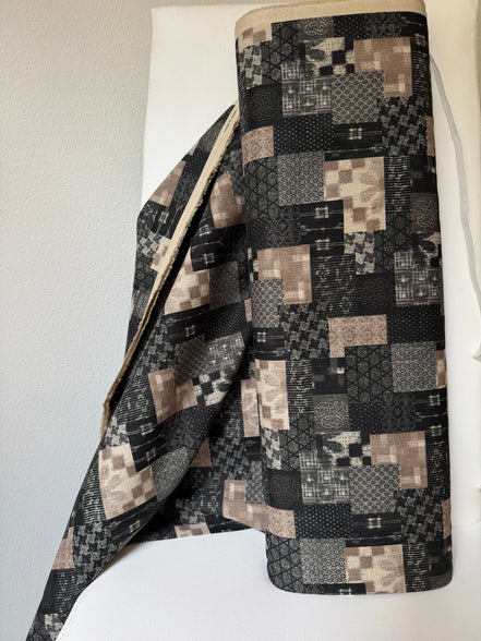 Boro Patchwork- Black, Tan- Cotton Dobby- 44"- 36050