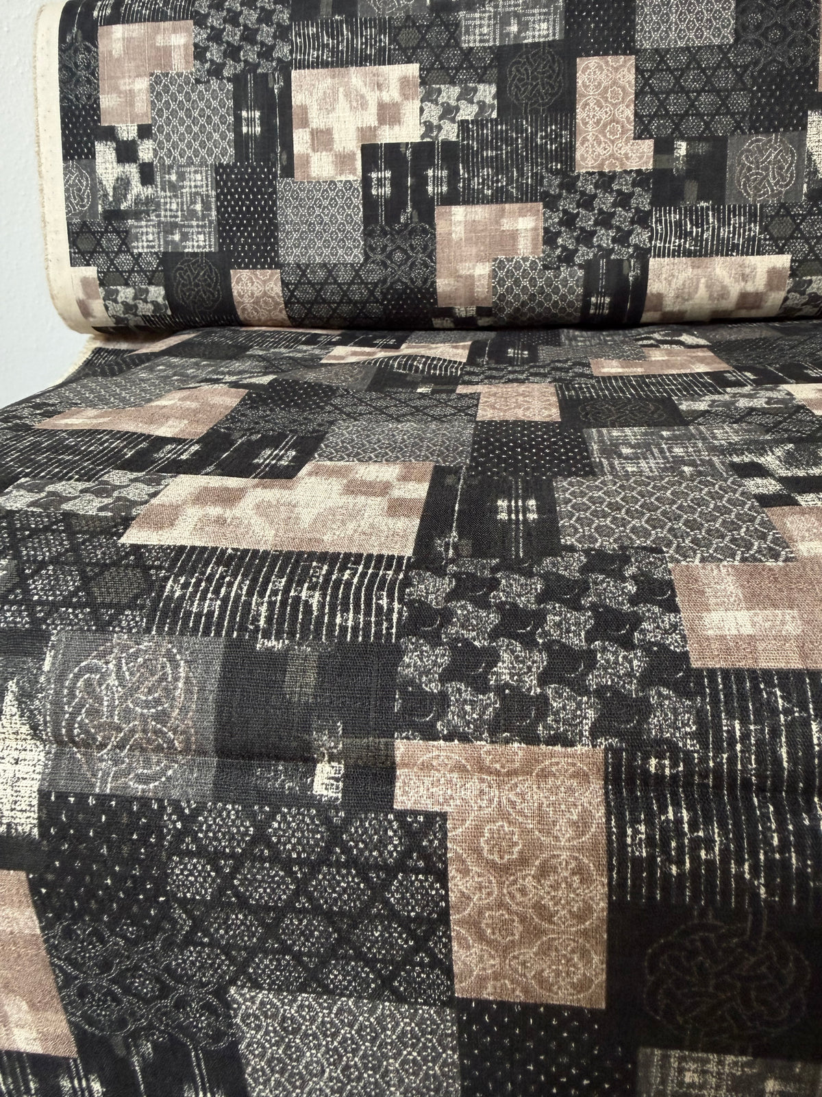 Boro Patchwork- Black, Tan- Cotton Dobby- 44