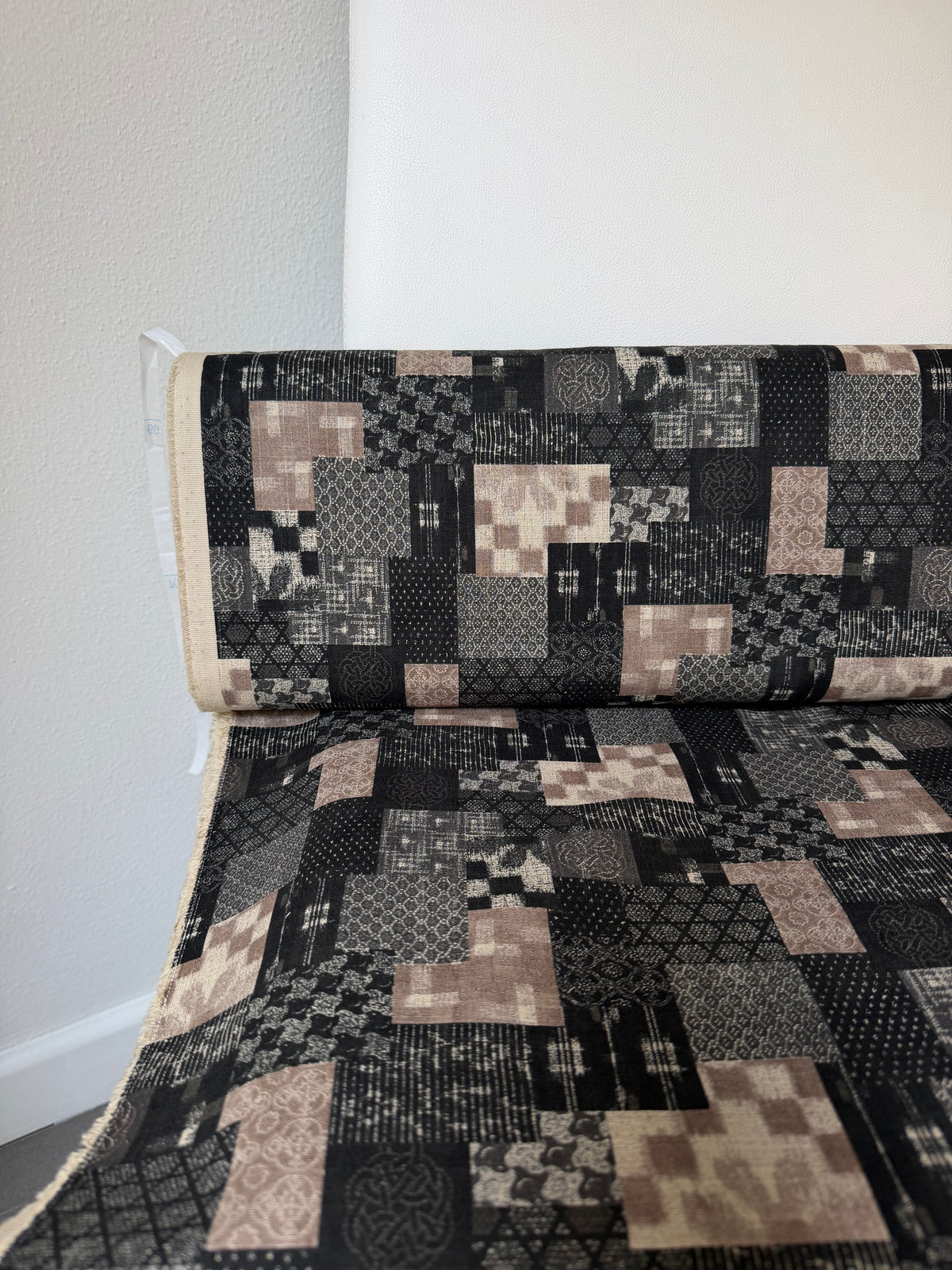 Boro Patchwork- Black, Tan- Cotton Dobby- 44
