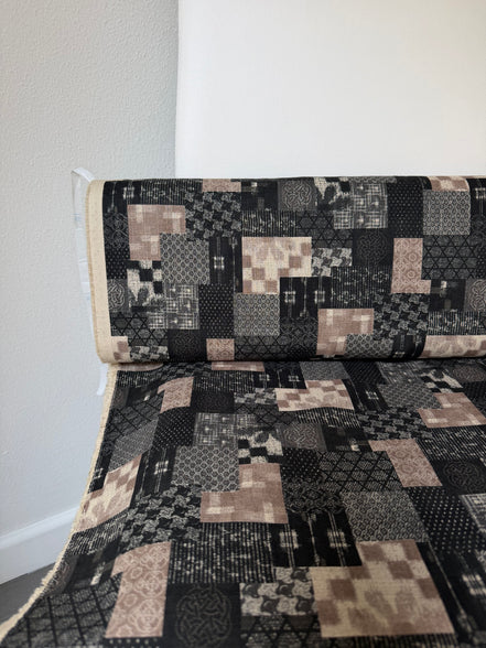 Boro Patchwork- Black, Tan- Cotton Dobby- 44"- 36050