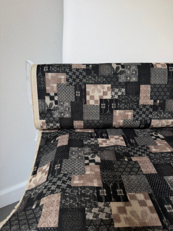 Boro Patchwork- Black, Tan- Cotton Dobby- 44"- 36050