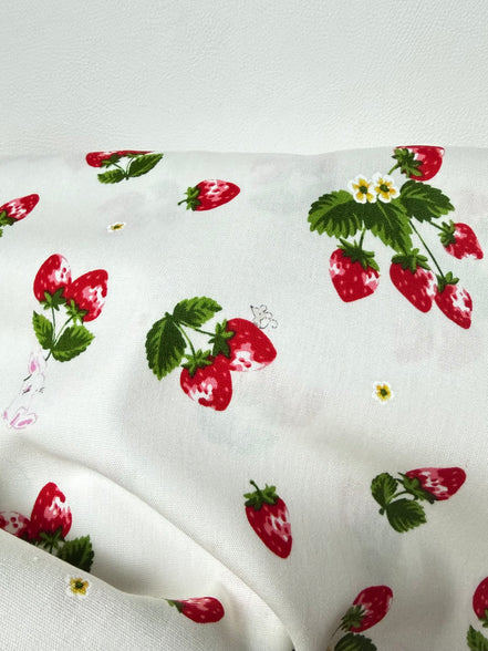 Red Strawberries and Teeny Tiny Bunny on Off White- Cotton Fabric- 44"