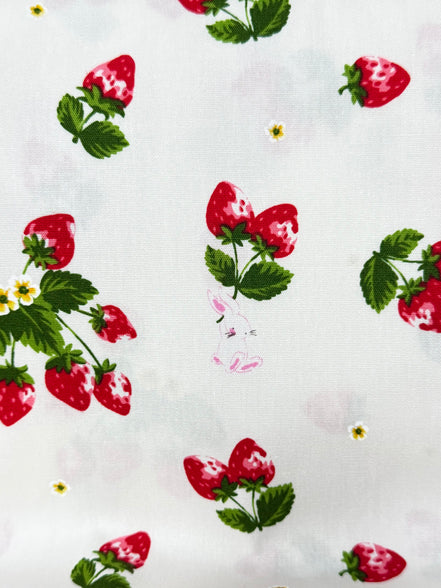 Red Strawberries and Teeny Tiny Bunny on Off White- Cotton Fabric- 44"