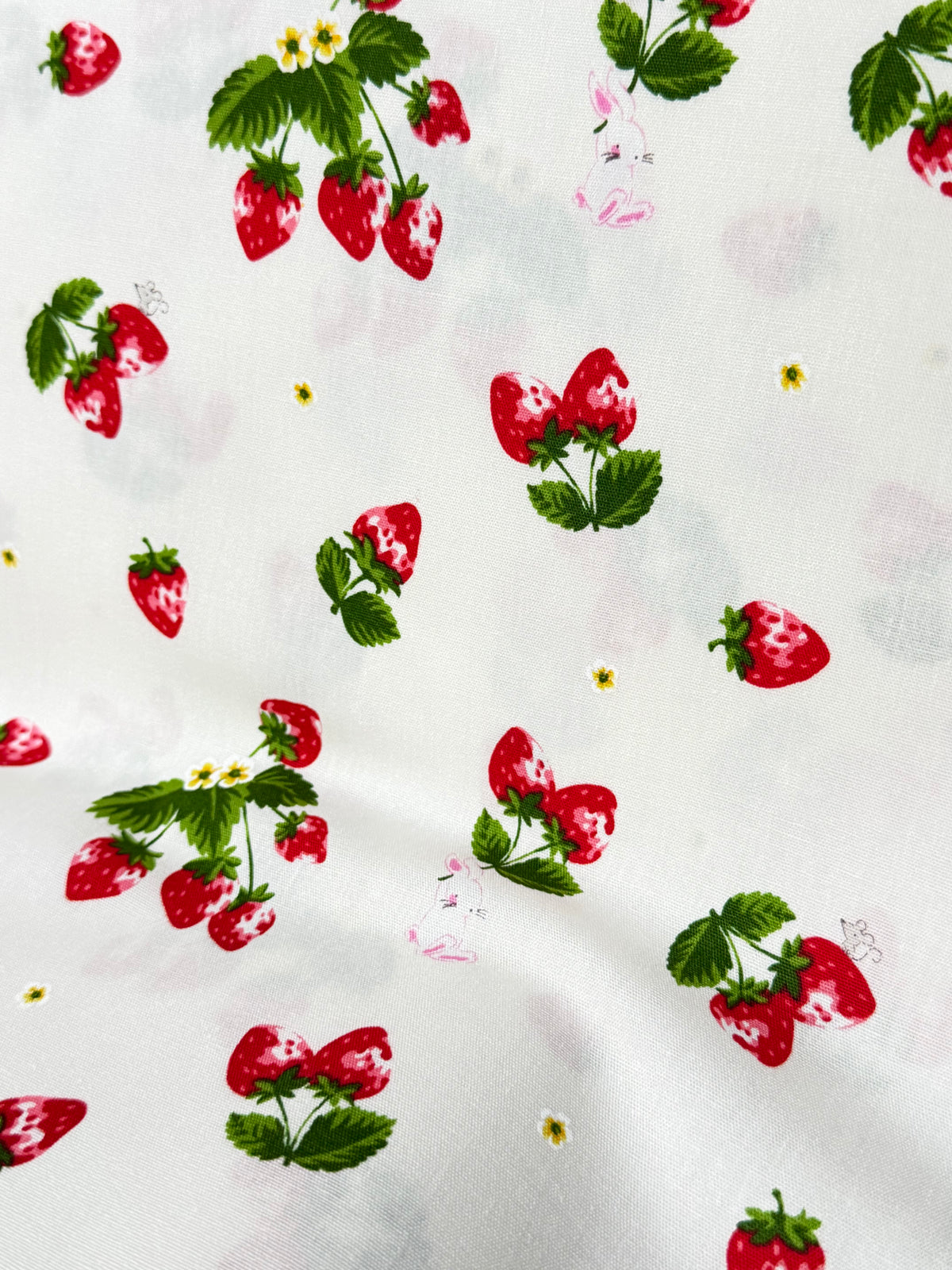 Red Strawberries and Teeny Tiny Bunny on Off White- Cotton Fabric- 44