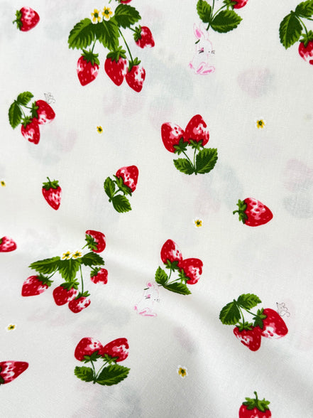 Red Strawberries and Teeny Tiny Bunny on Off White- Cotton Fabric- 44"