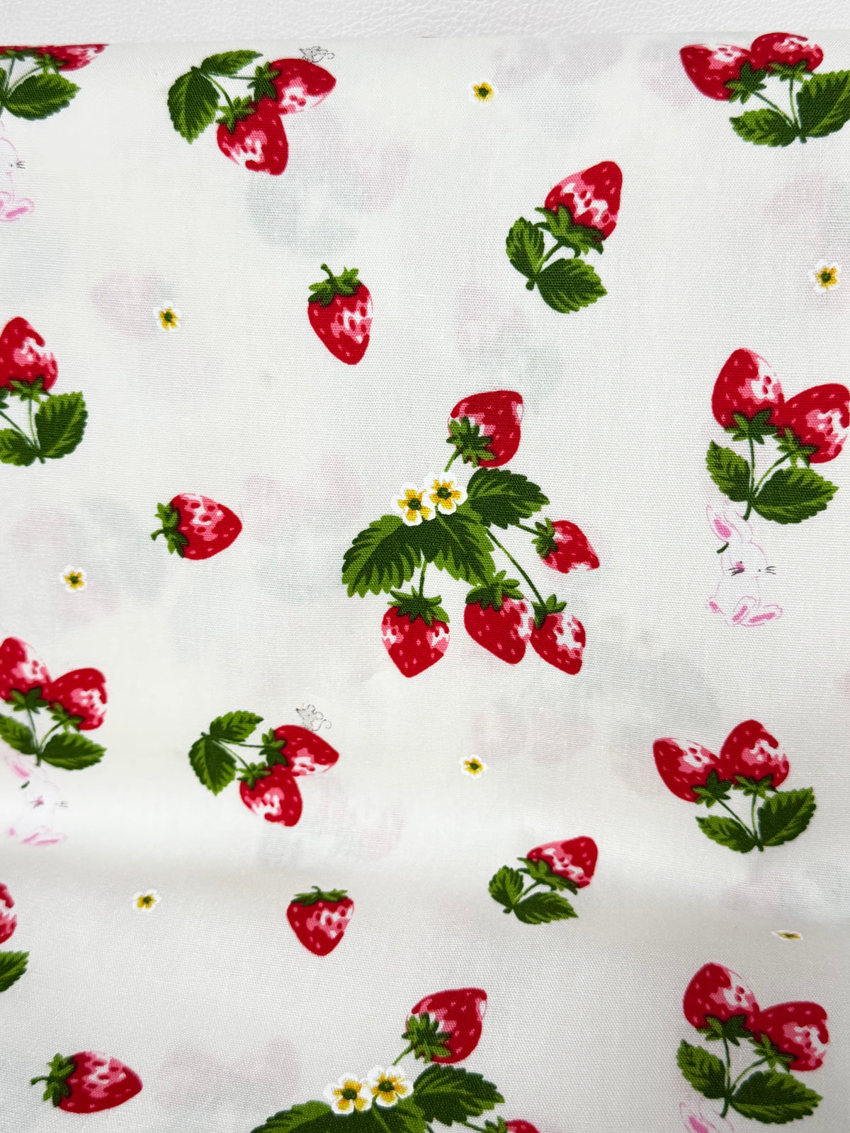 Red Strawberries and Teeny Tiny Bunny on Off White- Cotton Fabric- 44