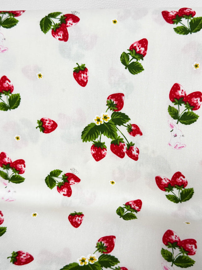 Red Strawberries and Teeny Tiny Bunny on Off White- Cotton Fabric- 44"
