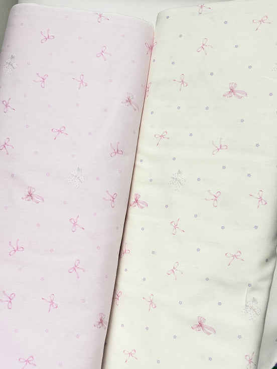 Pink Bows and Teeny Tiny Mouse on Off White- Cotton Fabric- 44"