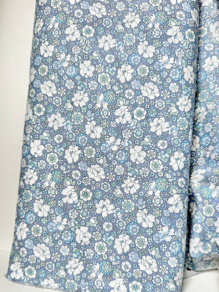 Flownny 100% Cotton Fabric - Lawn- Light Blue, White Floral- 43" Gardenias