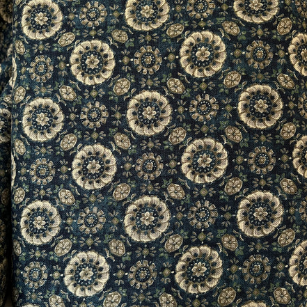 Taupe, Tan on “Deep Blue"- Round Floral Medallion- Sevenberry Japanese Nara Homespun- Cotton Fabric- 42” Wide