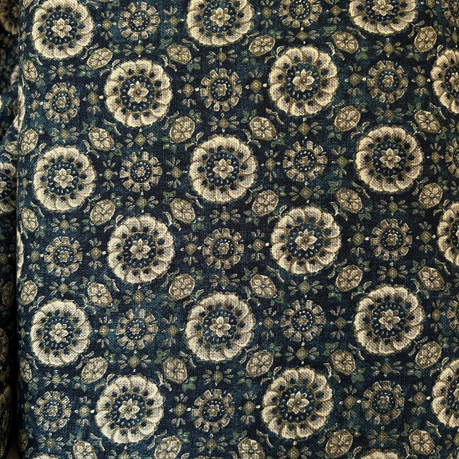 Taupe, Tan on “Deep Blue"- Round Floral Medallion- Sevenberry Japanese Nara Homespun- Cotton Fabric- 42” Wide