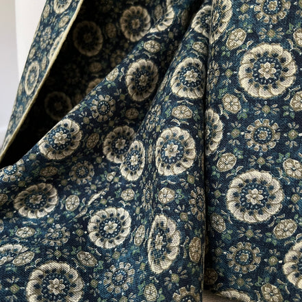 Taupe, Tan on “Deep Blue"- Round Floral Medallion- Sevenberry Japanese Nara Homespun- Cotton Fabric- 42” Wide