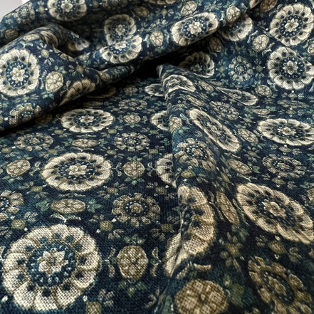 Taupe, Tan on “Deep Blue"- Round Floral Medallion- Sevenberry Japanese Nara Homespun- Cotton Fabric- 42” Wide