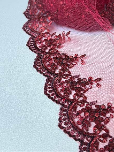 Wine/ Deep Red 4285 Embroidered Soft Tulle with Metallic Thread, 120mm- 4 3/4"