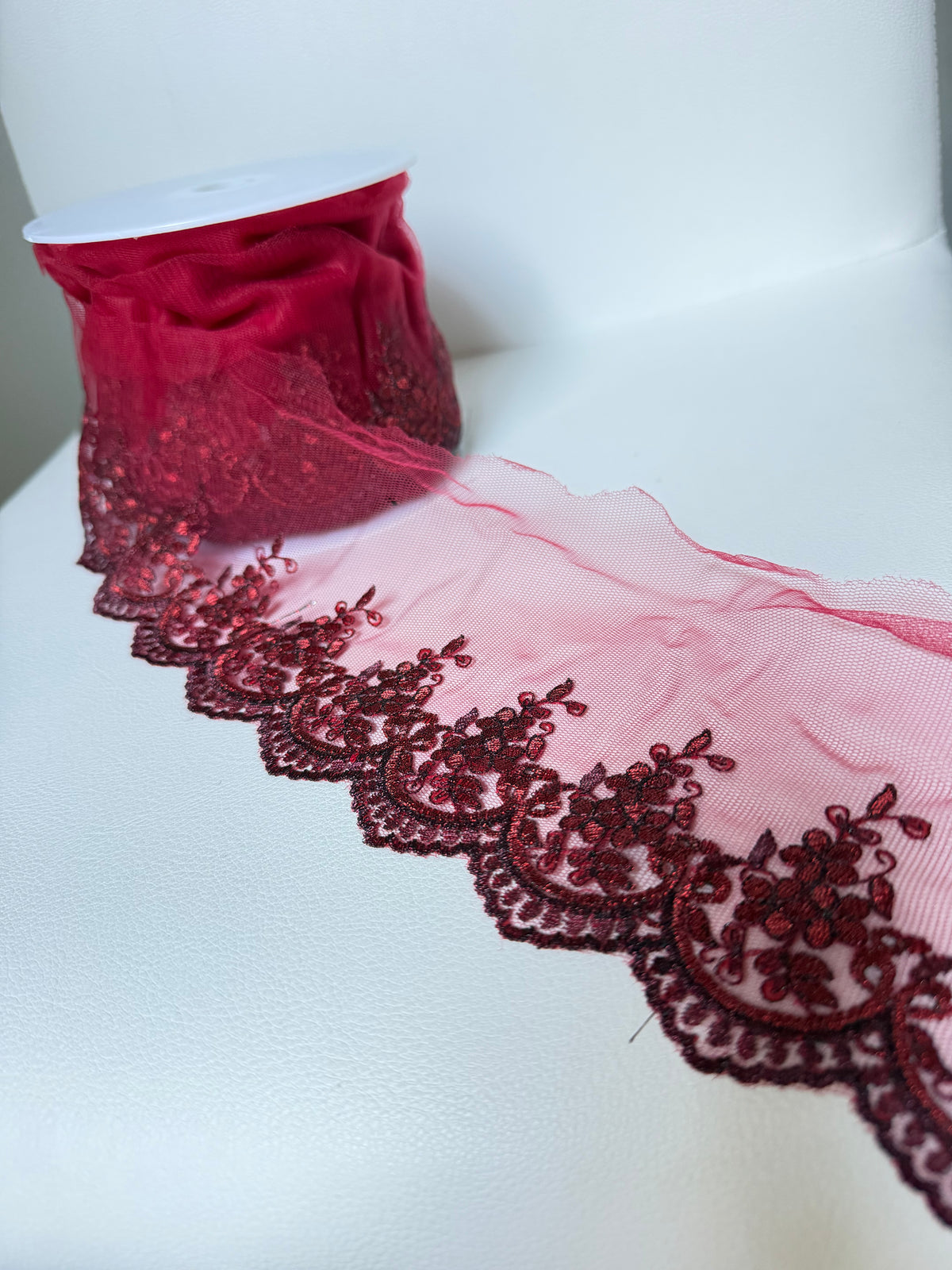 Wine/ Deep Red 4285 Embroidered Soft Tulle with Metallic Thread, 120mm- 4 3/4