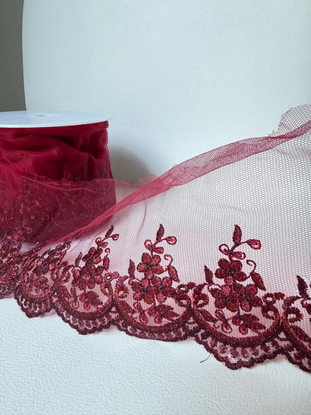 Wine/ Deep Red 4285 Embroidered Soft Tulle with Metallic Thread, 120mm- 4 3/4"