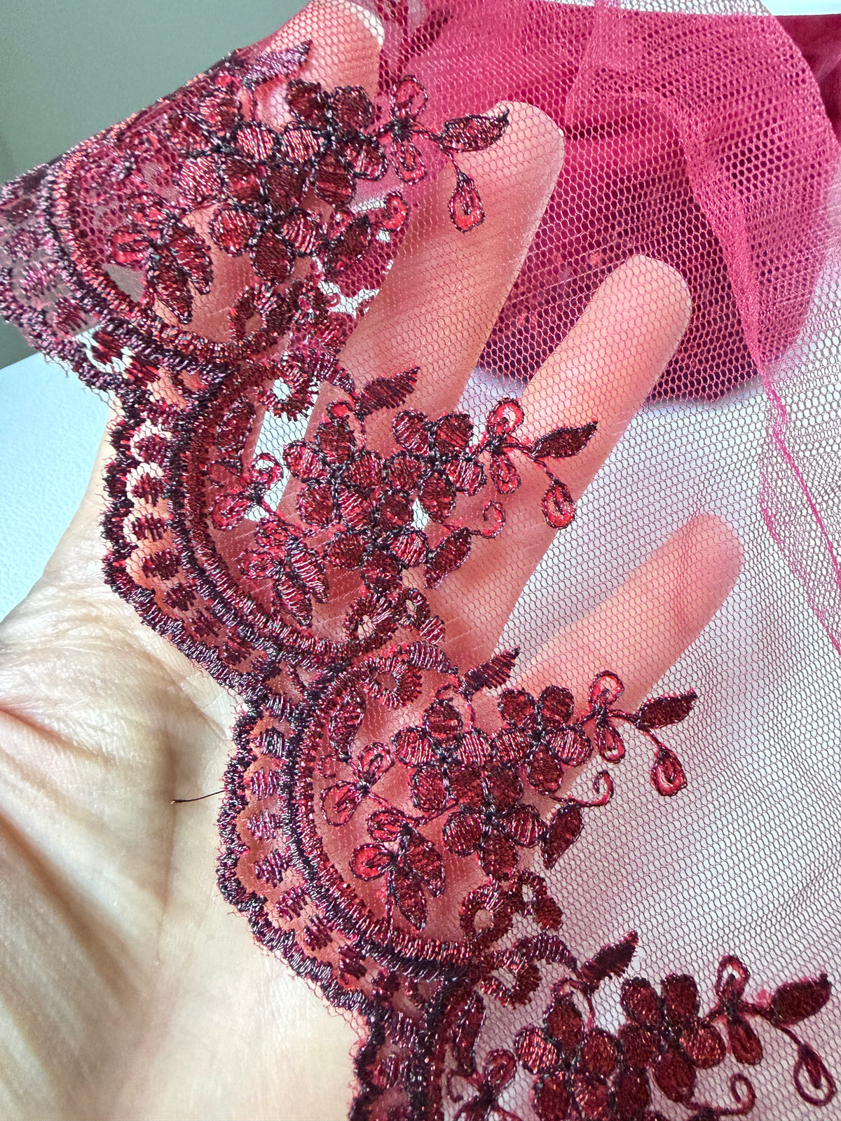Wine/ Deep Red 4285 Embroidered Soft Tulle with Metallic Thread, 120mm- 4 3/4
