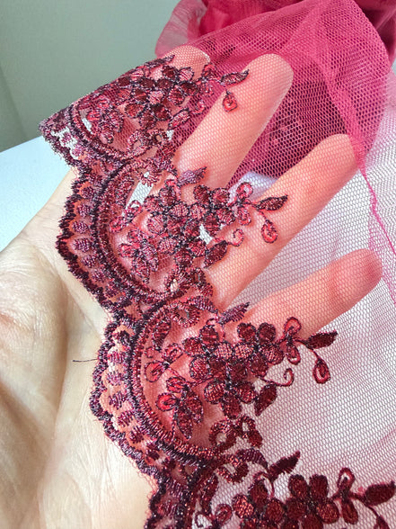 Wine/ Deep Red 4285 Embroidered Soft Tulle with Metallic Thread, 120mm- 4 3/4"