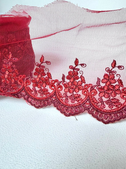 Red 4285 Embroidered Soft Tulle with Metallic Thread, 120mm- 4 3/4"