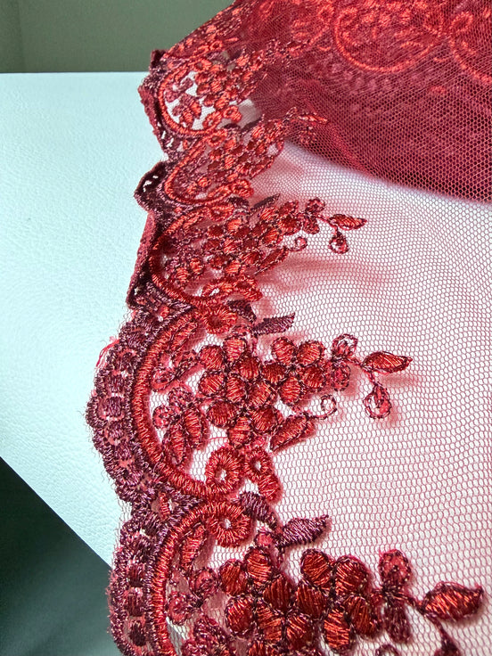 Red 4285 Embroidered Soft Tulle with Metallic Thread, 120mm- 4 3/4"
