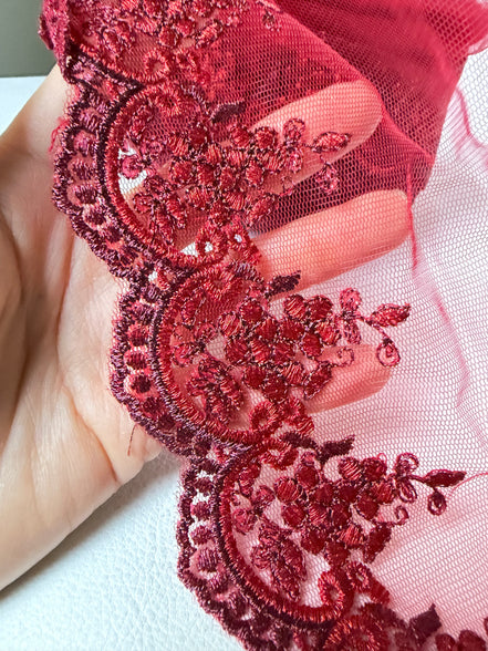Red 4285 Embroidered Soft Tulle with Metallic Thread, 120mm- 4 3/4"