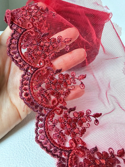 Red 4285 Embroidered Soft Tulle with Metallic Thread, 120mm- 4 3/4"