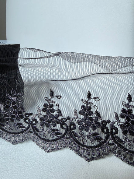 Black 4285 Embroidered Soft Tulle with Metallic Thread, 120mm- 4 3/4"