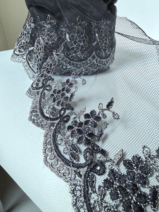 Black 4285 Embroidered Soft Tulle with Metallic Thread, 120mm- 4 3/4"