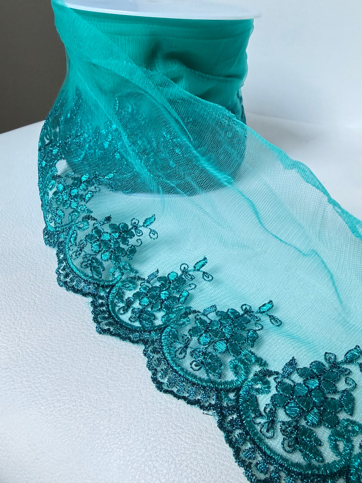 Teal 4285 Embroidered Soft Tulle with Metallic Thread, 120mm- 4 3/4