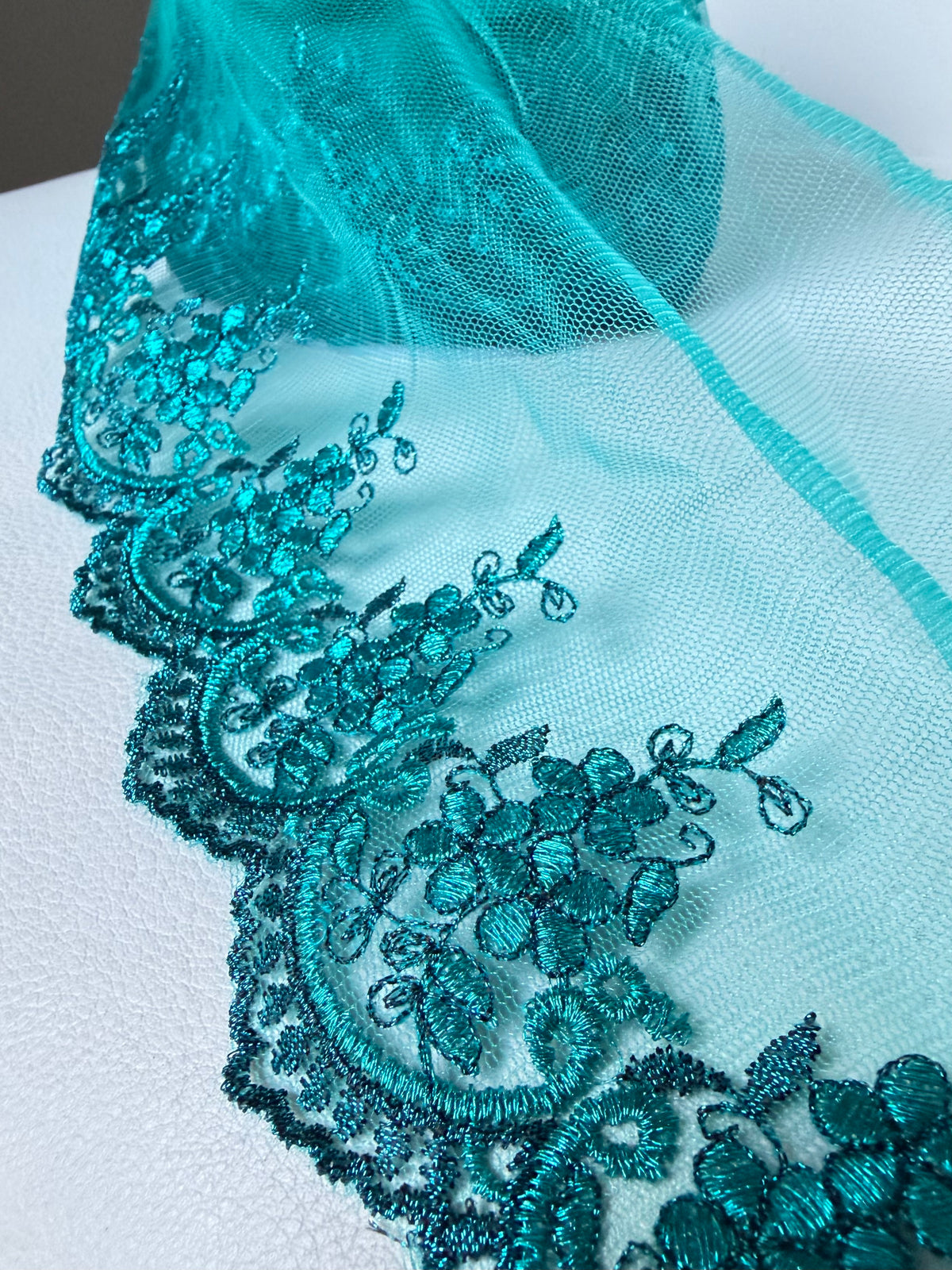 Teal 4285 Embroidered Soft Tulle with Metallic Thread, 120mm- 4 3/4