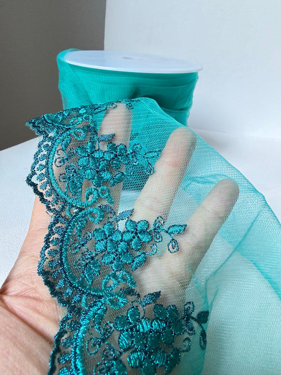 Teal 4285 Embroidered Soft Tulle with Metallic Thread, 120mm- 4 3/4"