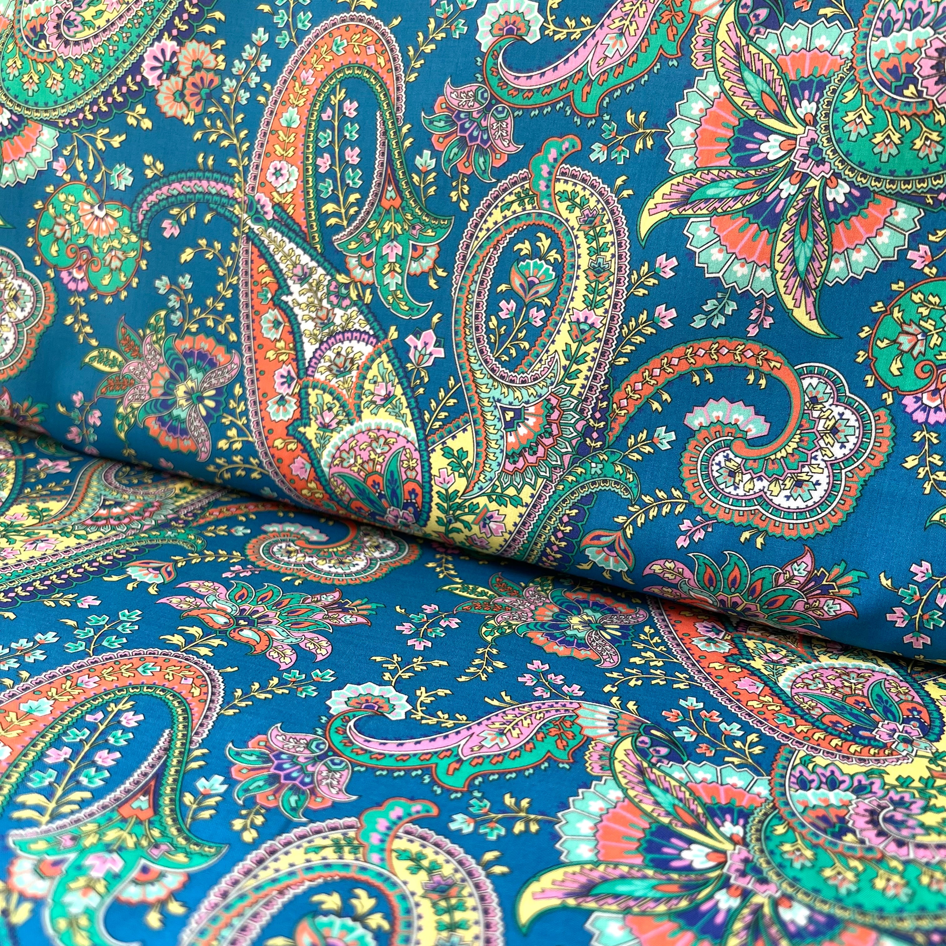 Liberty London- Florence Melody Tana Lawn Cotton- Blue, Yellow, Green, Orange- Red- Paisley