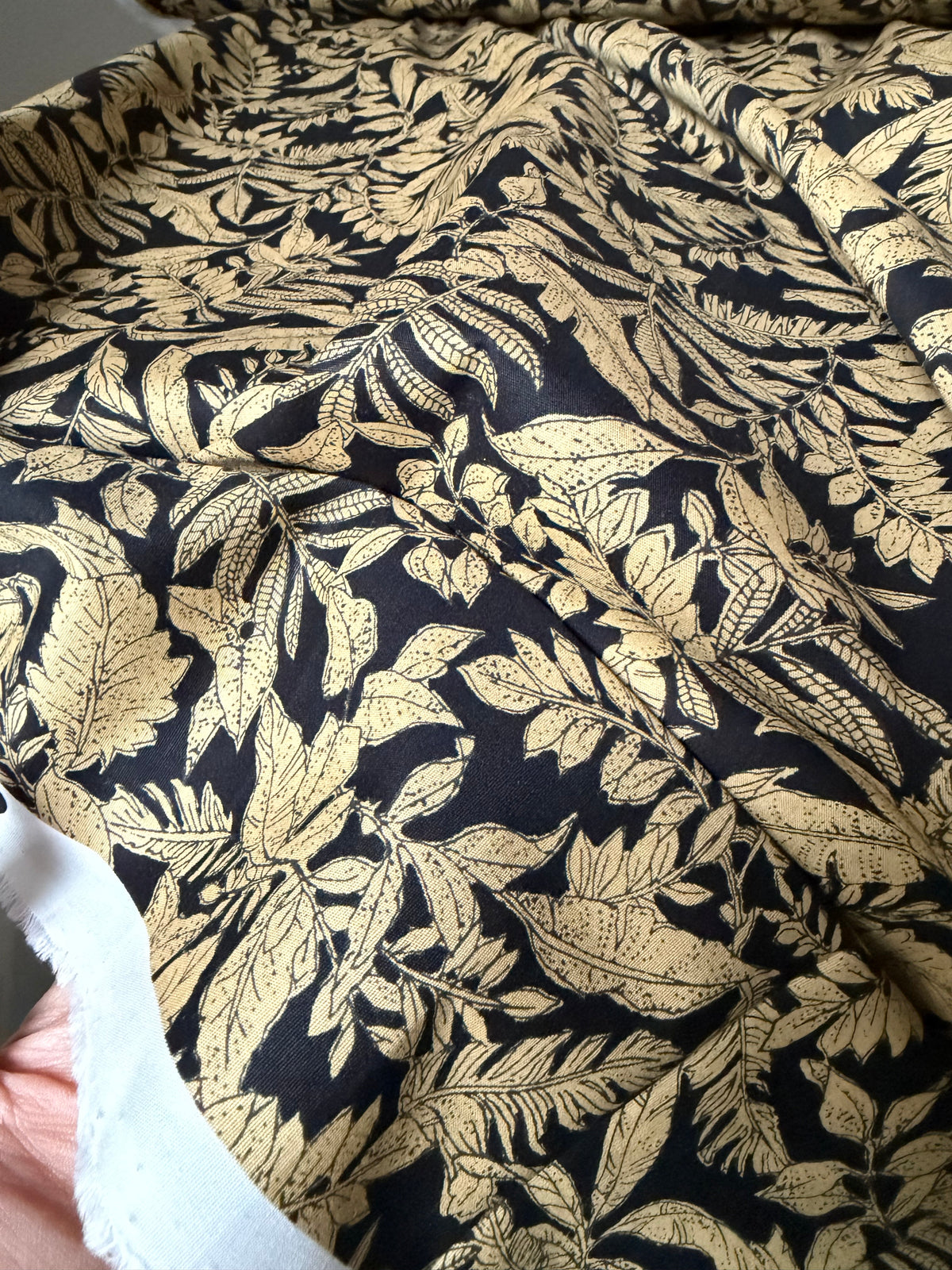 Black, Dark Tan Tropical Botanical Print Lightweight Cotton- 44”- Sevenberry