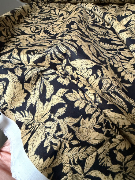 Black, Dark Tan Tropical Botanical Print Lightweight Cotton- 44”- Sevenberry
