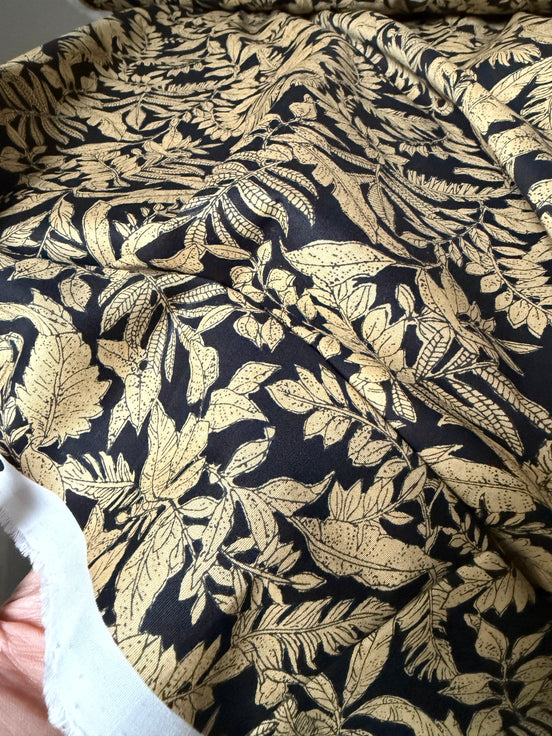 Black, Dark Tan Tropical Botanical Print Lightweight Cotton- 44”- Sevenberry