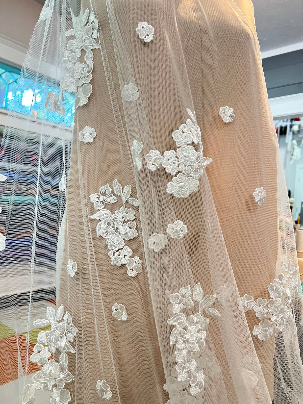 Off White 3D Floral- European Embroidered Tulle- 52