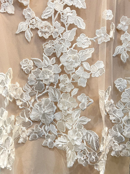 Off White 3D Floral- European Embroidered Tulle- 52" (510)