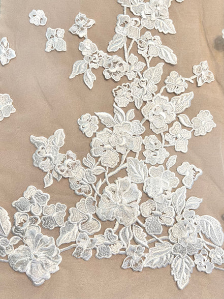 Off White 3D Floral- European Embroidered Tulle- 52" (510)