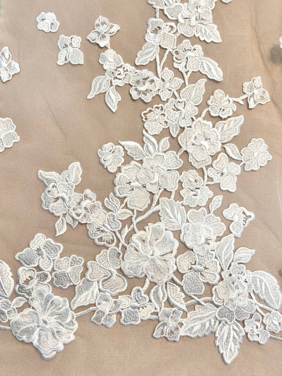 Off White 3D Floral- European Embroidered Tulle- 52" (510)