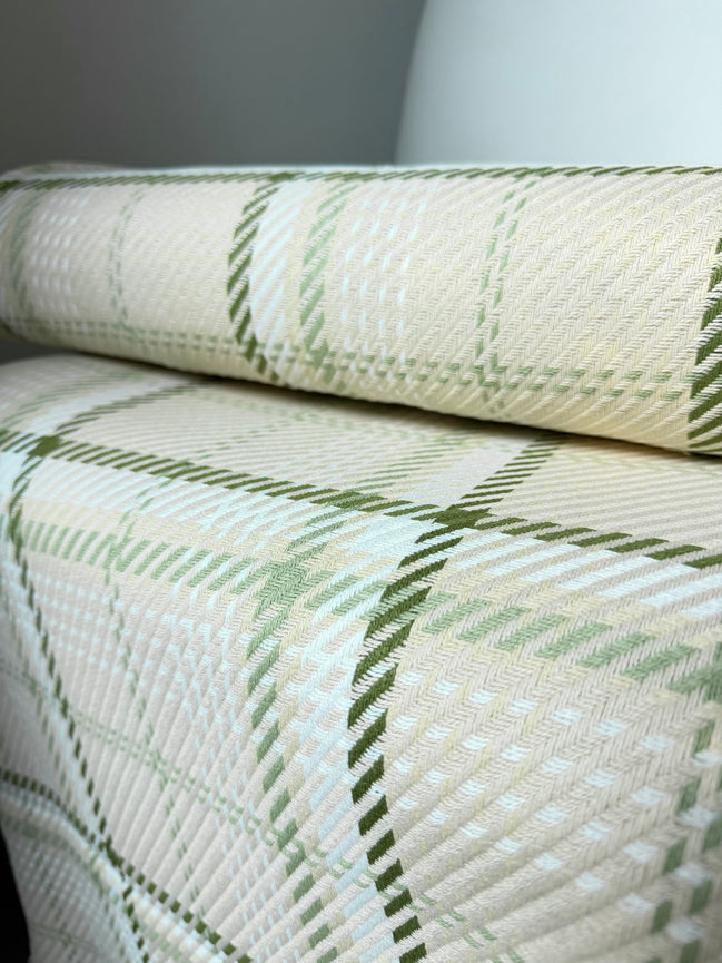 Olive Green, White, Ecru Cotton Woven Plaid- 44” Wide- Heavy for Blankets, Pillows, Wraps- “Straw"