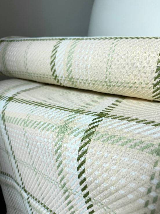 Olive Green, White, Ecru Cotton Woven Plaid- 44” Wide- Heavy for Blankets, Pillows, Wraps- “Straw"